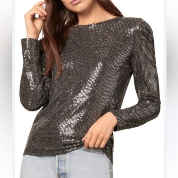 Ro & De black shimmer sequins puff sleeve top - Picture 1 of 7